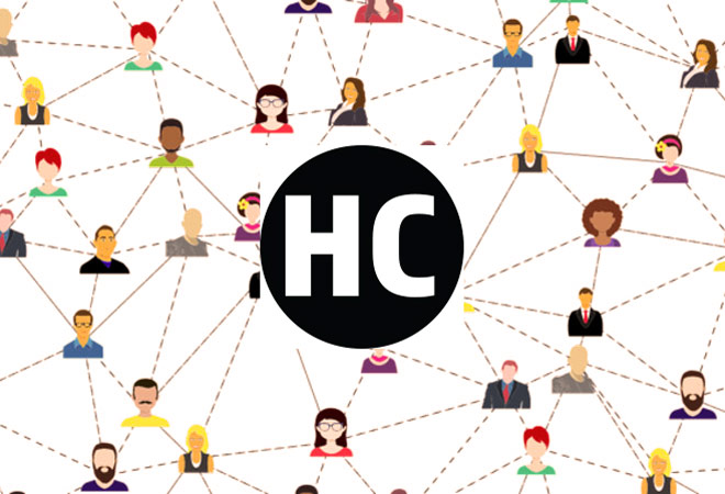 Illustration of people connected virtually with Humanities Commons logo