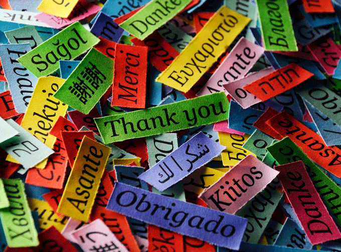 strips of paper with "Thank you" in many languages