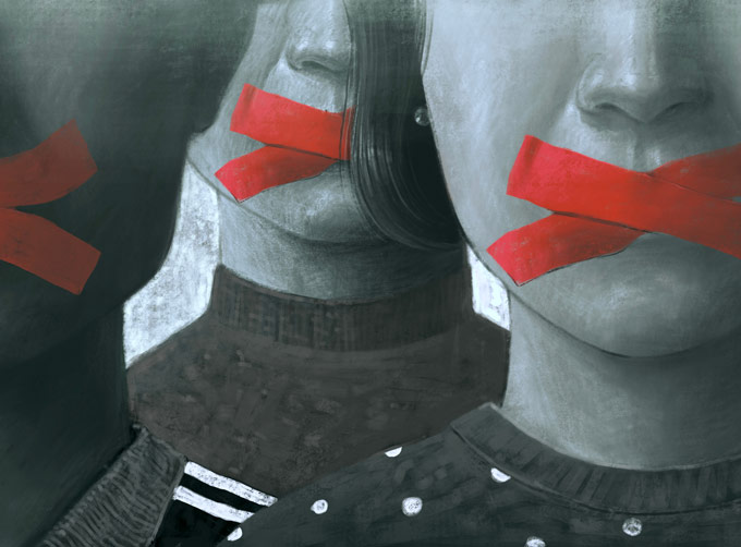 illustration of people with red tape over their mouths
