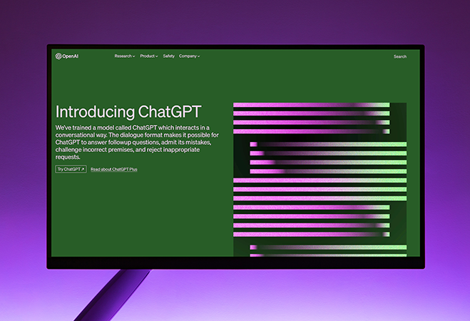 Computer screen that says "Introducing ChatGPT"