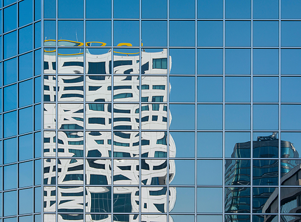a distorted reflection of a building