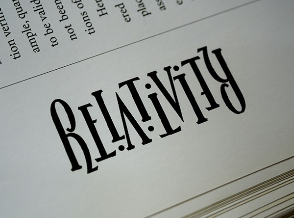 The word "relativity" spelled out in stylized letters